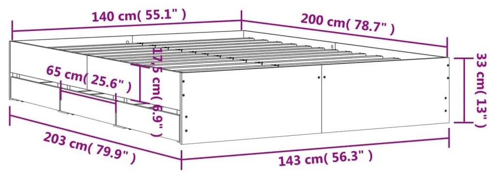 Πλαίσιο Κρεβατιού με συρτάρια Γκρι sonoma 140x200εκ. Επεξ. Ξύλο - Γκρι