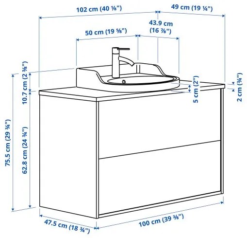 TANNFORSEN/RUTSJON βάση νιπτήρα με συρτάρια/νιπτήρα/μπαταρία, 102x49x76 cm 195.141.08