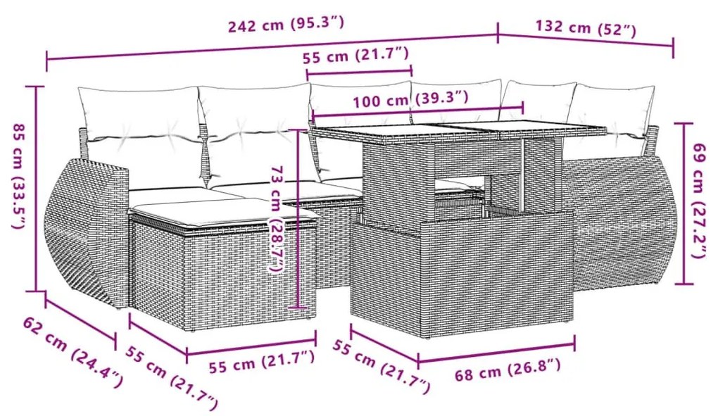 Καναπές Σετ 7 Τεμαχίων Μαύρο Συνθετικό Ρατάν με Μαξιλάρια - Μαύρο