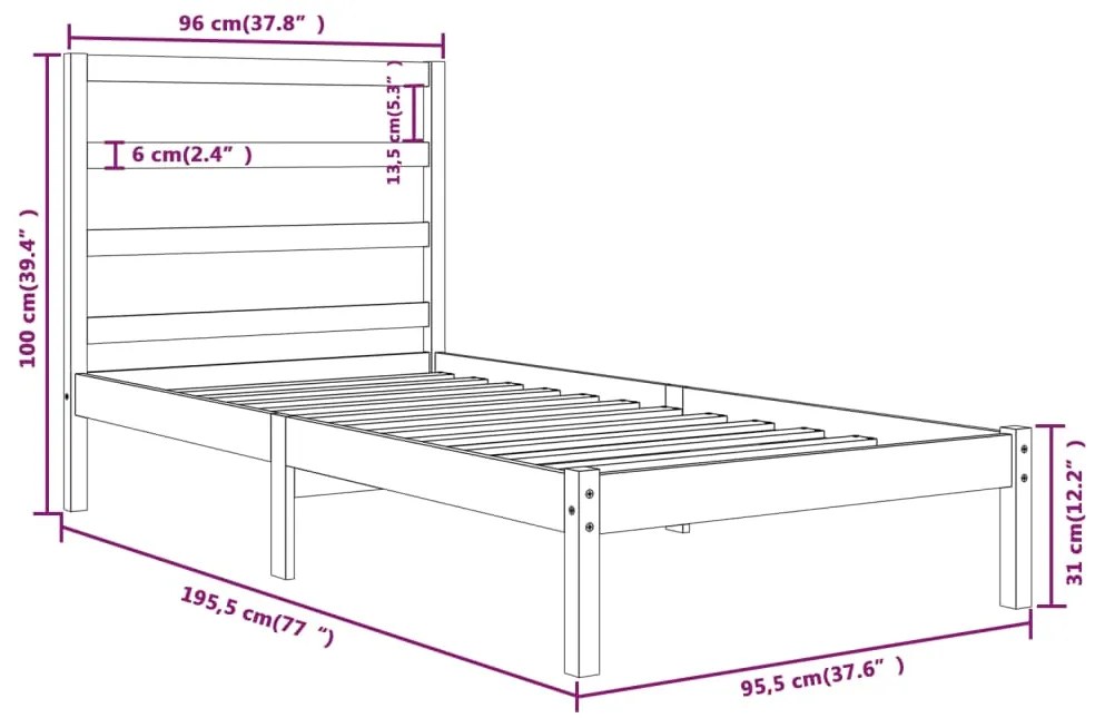 vidaXL Πλαίσιο Κρεβατιού Λευκό 90 x 190 εκ. Μασίφ Ξύλο Single