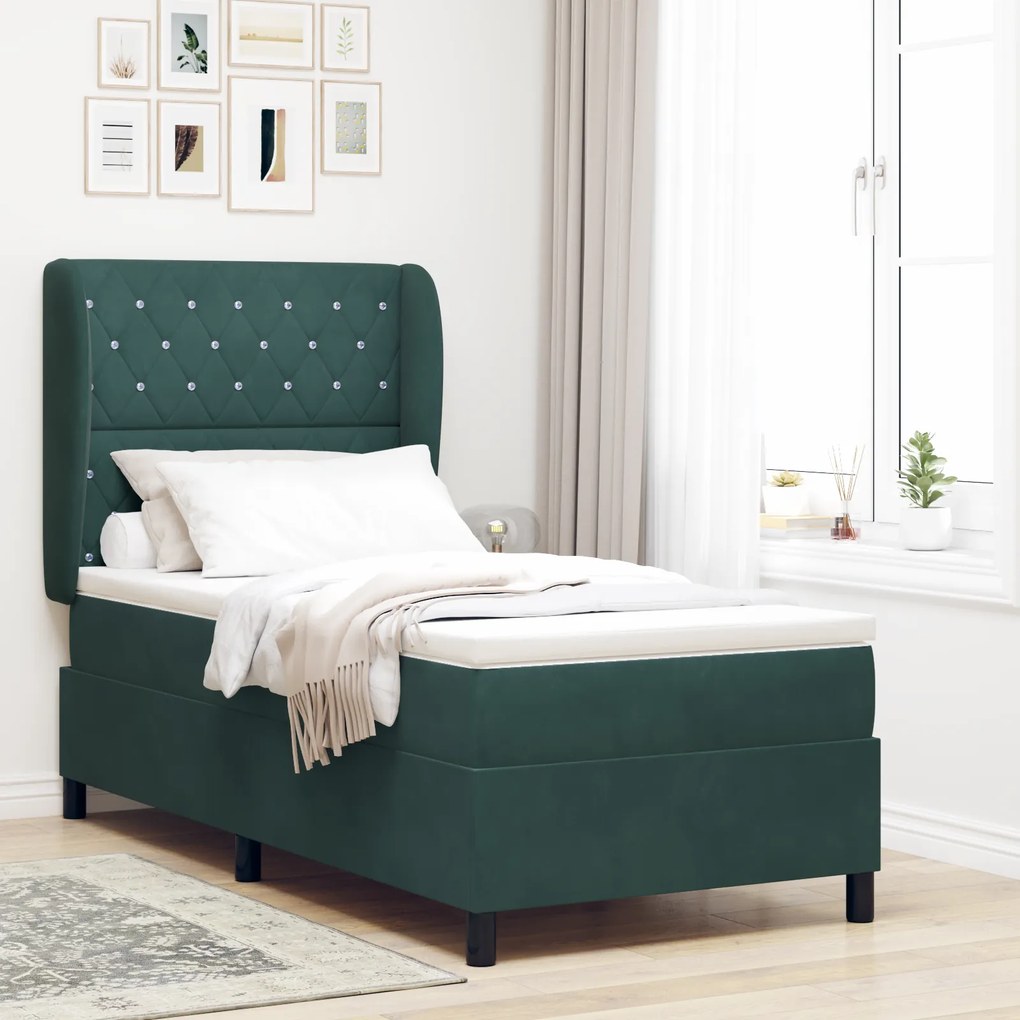 vidaXL Κρεβάτι Box Spring με Στρώμα σε Σκούρο Πράσινο, 100x200 εκ., Βελούδο