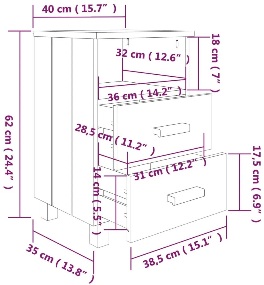 Κομοδίνο HAMAR 2 Τεμ. Λευκά 40 x 35 x 62 εκ. Μασίφ Ξύλο Πεύκου - Λευκό