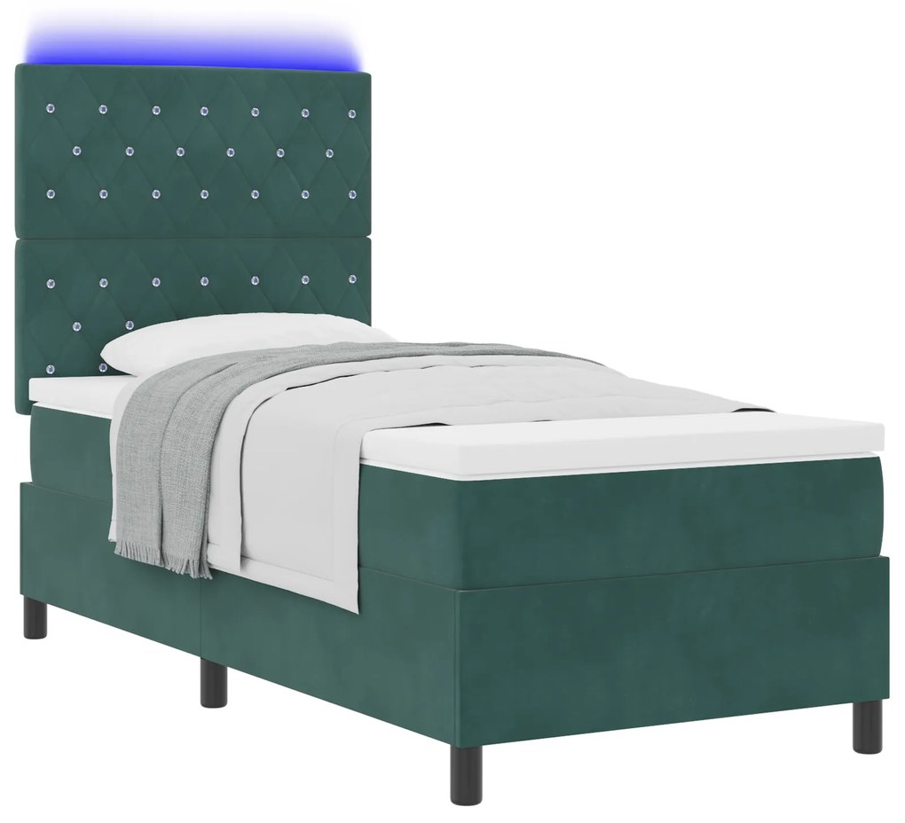 vidaXL κρεβάτι Box Spring με στρώμα & LED Σκούρο Πράσινο 90x200 εκ Βελούδο
