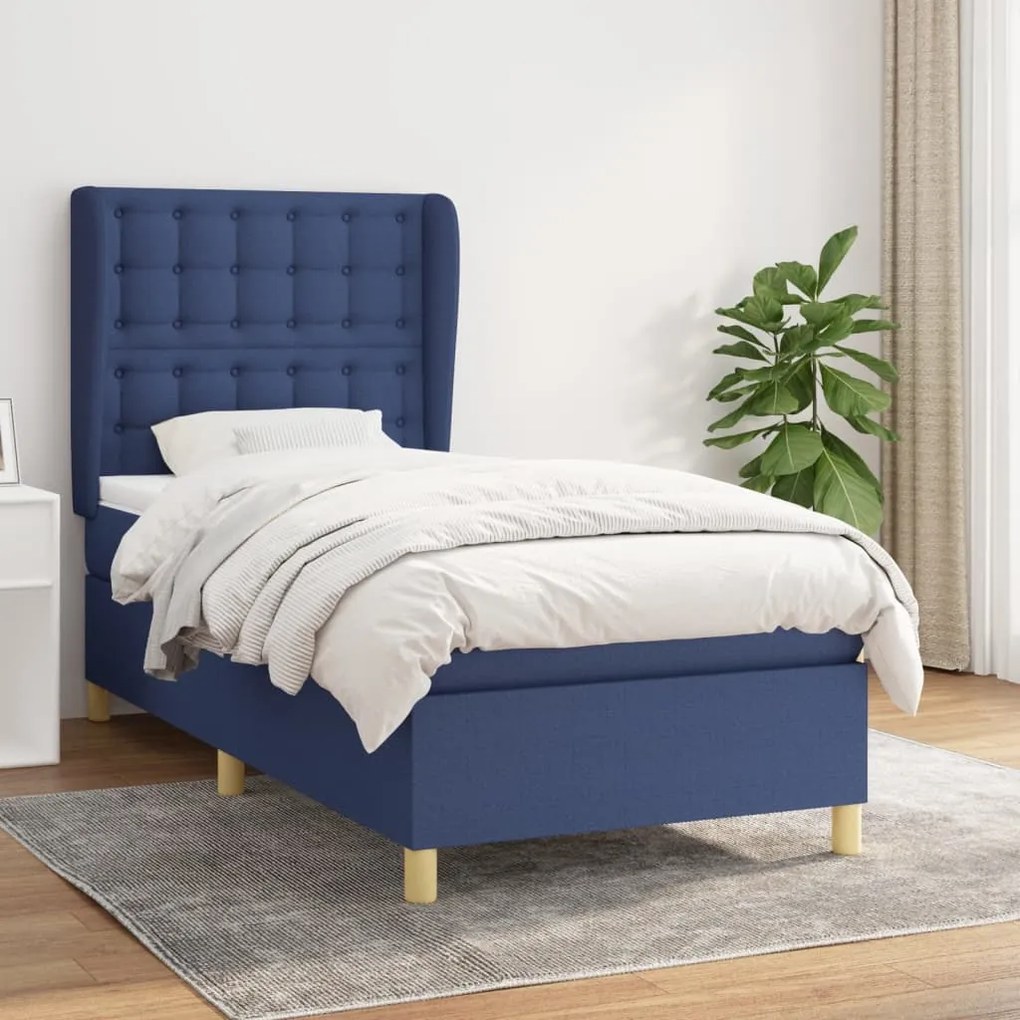 Κρεβάτι Boxspring με Στρώμα Μπλε 90x200 εκ.Υφασμάτινο - Μπλε