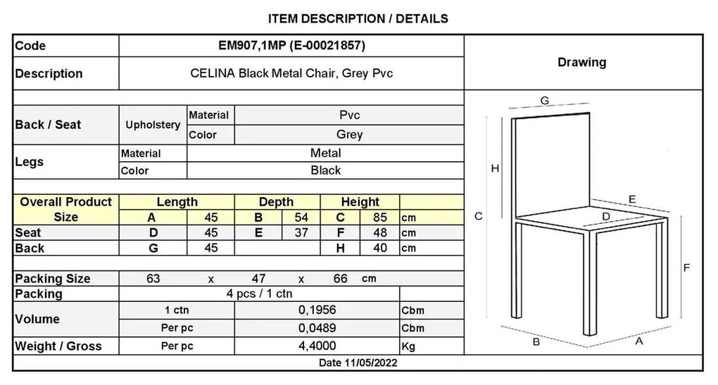 Καρέκλα CELINA Μεταλλική Μαύρη, Pvc Γκρι 45x54x85cm (Σετ 4 ΤΕΜ)