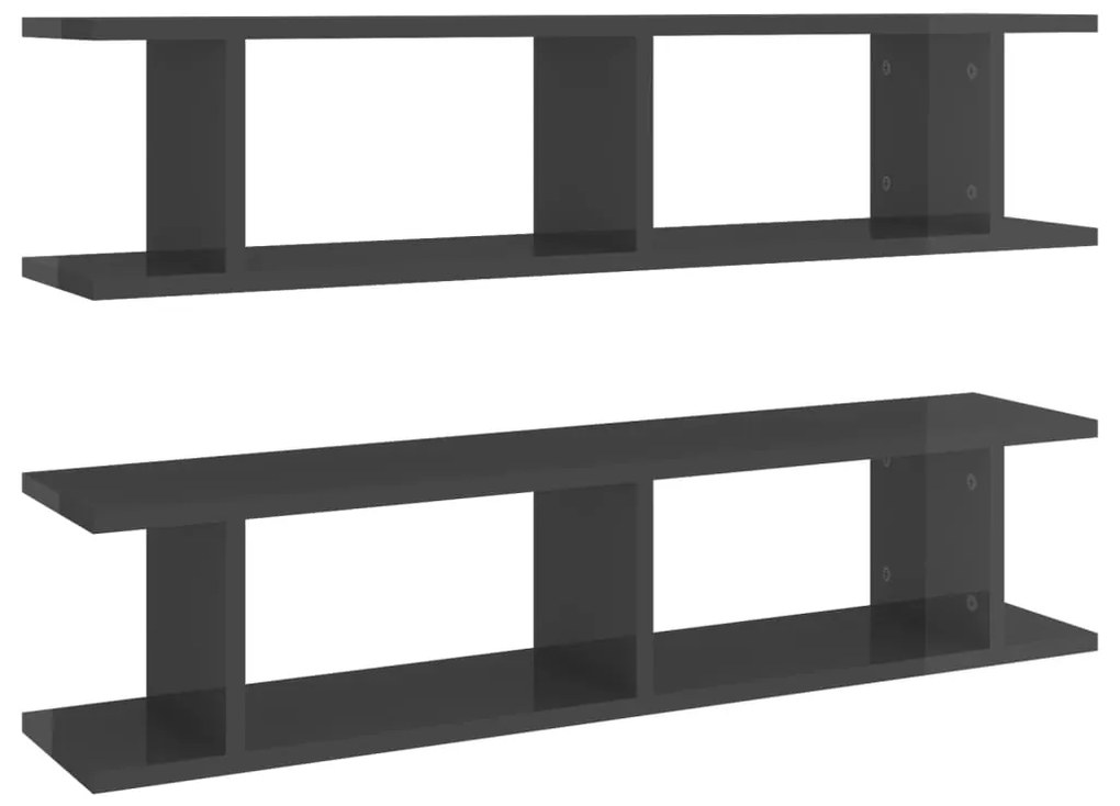 vidaXL Ραφιέρες Τοίχου 2 τεμ. Γυαλιστερό Γκρι 90x18x20 εκ. Επεξ. Ξύλο