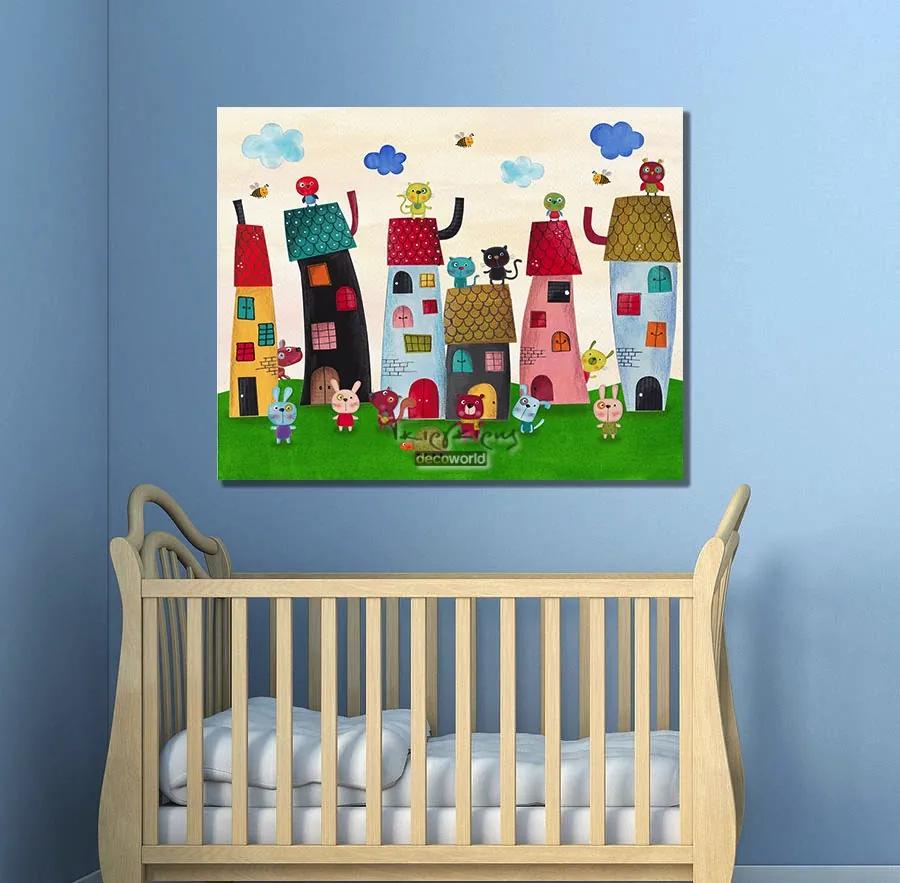 Παιδικός πίνακας σε καμβά σπίτια με ζώα KNV051 80cm x 120cm