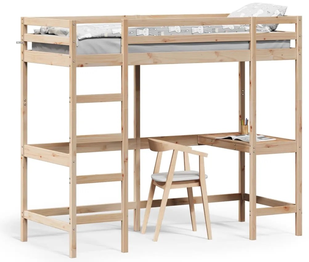vidaXL Κρεβάτι Υπερυψωμένο 75x190εκ Μασίφ Ξύλο Πεύκου με Γραφείο