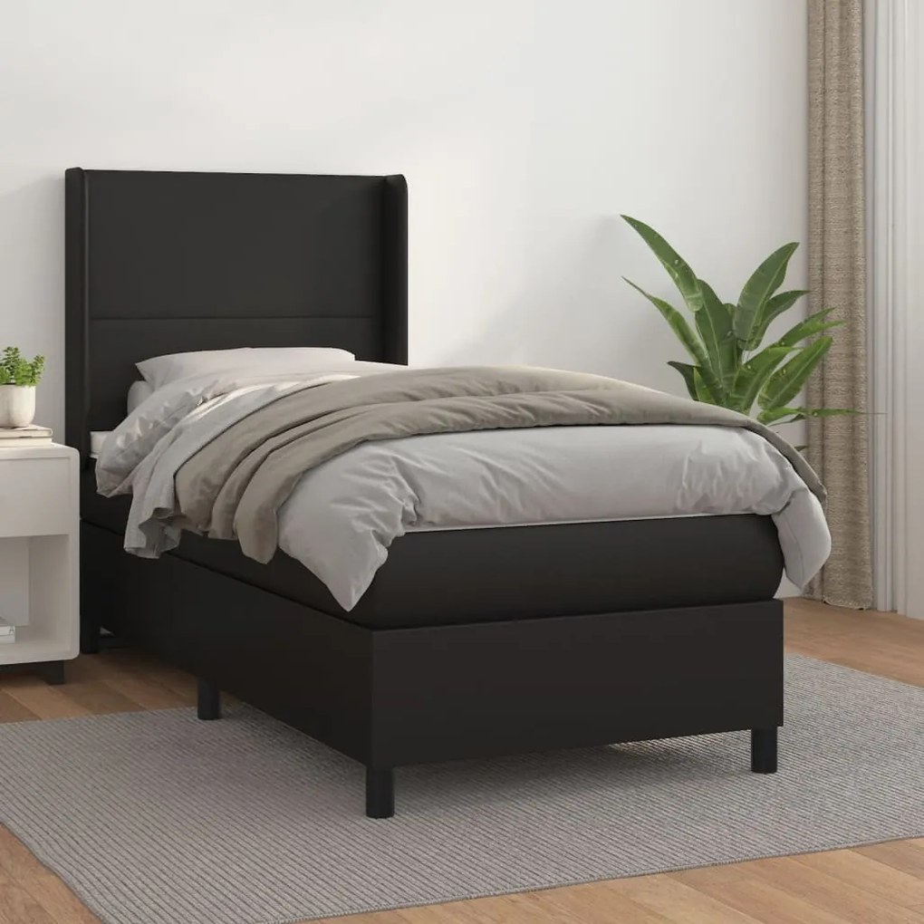 vidaXL Κρεβάτι Boxspring με Στρώμα Μαύρο 90x200εκ. από Συνθετικό Δέρμα