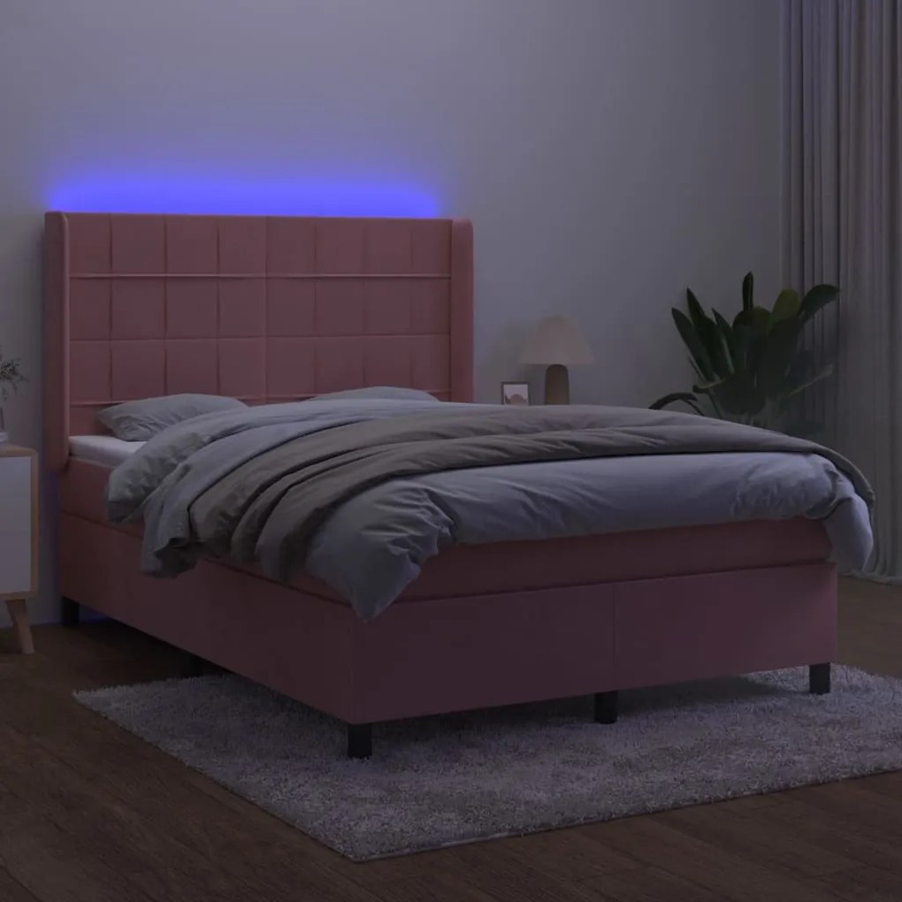 vidaXL Κρεβάτι Boxspring με Στρώμα &amp; LED Ροζ 140x190 εκ. Βελούδινο