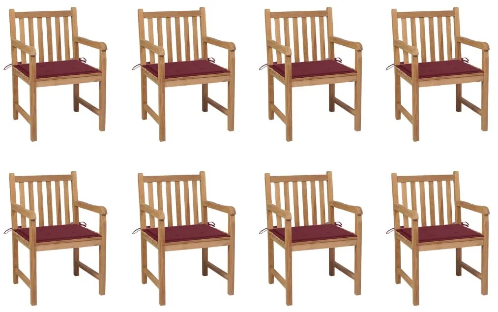 vidaXL Καρέκλες Κήπου 8 Τεμαχίων Μασίφ Ξύλο Teak με Μπορντό Μαξιλάρια