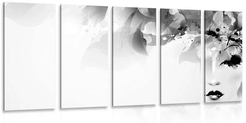 Εικόνα 5 μερών μοντέρνου γυναικείου προσώπου με αφηρημένα στοιχεία σε ασπρόμαυρο - 200x100