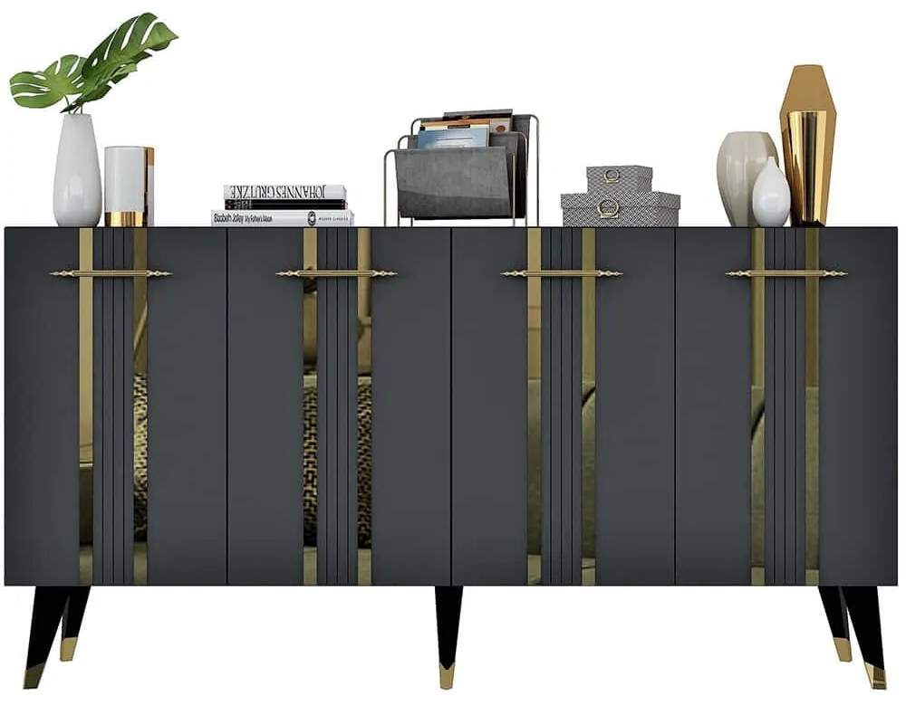 Μπουφές Asel 475OLV1743 150x40x80cm Anthracite-Gold Μοριοσανίδα, Μελαμίνη