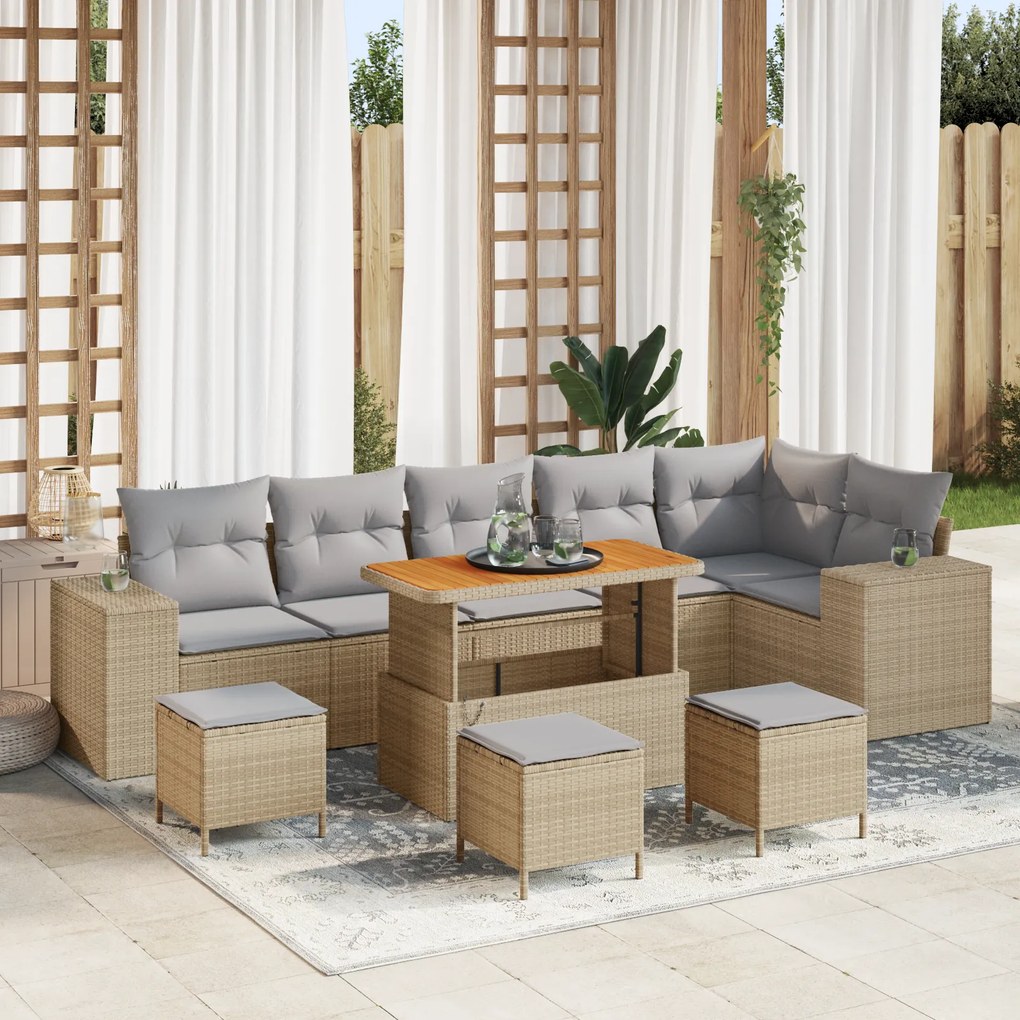 vidaXL 10 τεμάχια Καναπέ Σετ με Μαξιλάρια Μπεζ Πολυ Ράττεν