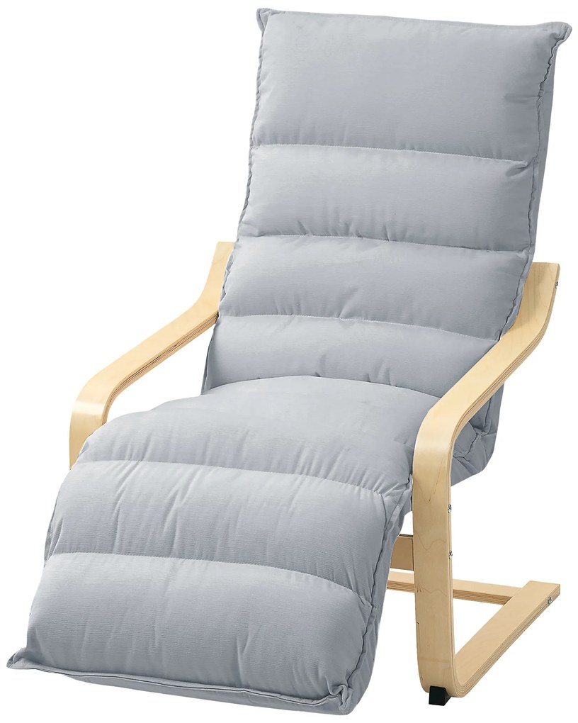 HOMCOM Πολυθρόνα Lounge από ξύλο σημύδας, Πολυθρόνα με ρυθμιζόμενο υποπόδιο, Μοντέρνα πολυθρόνα με μπράτσα, Ανοιχτό γκρι