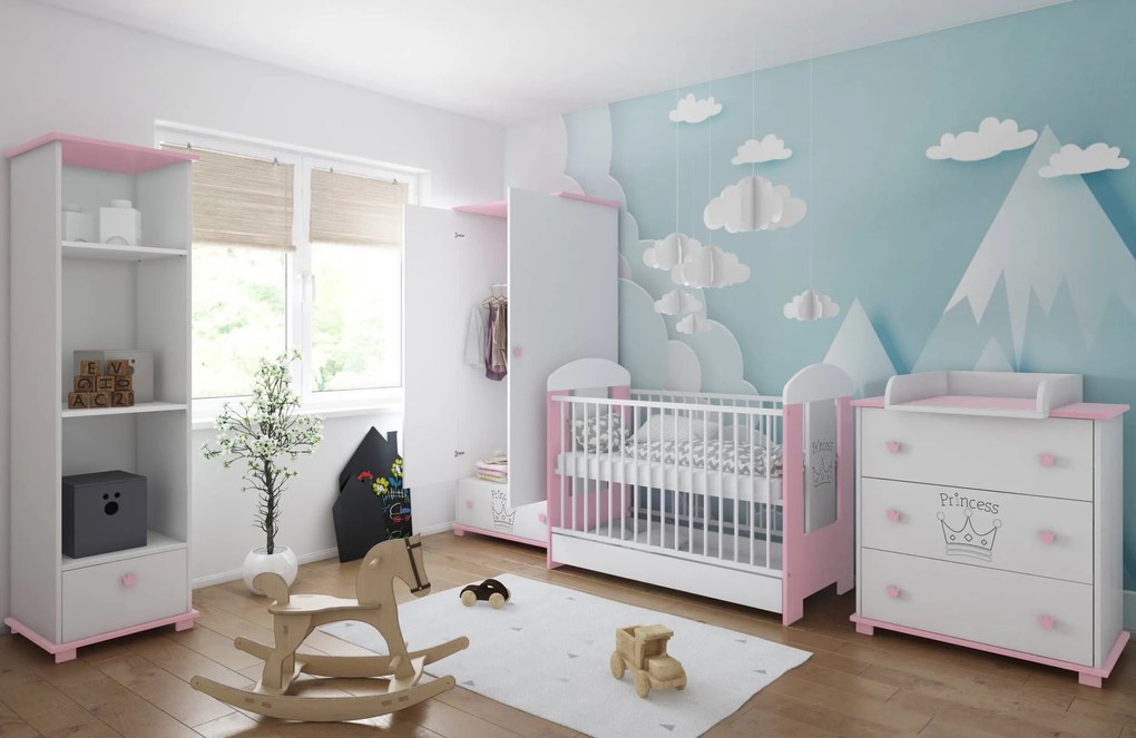 Βρεφικό Κρεβάτι με Συρτάρι  Crowns  White + Pink 60x120cm  BC10042 BabyCute