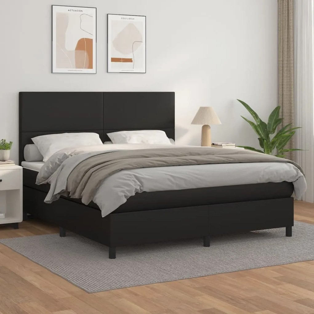 Κρεβάτι Boxspring με Στρώμα Μαύρο 160x200εκ.από Συνθετικό Δέρμα - Μαύρο