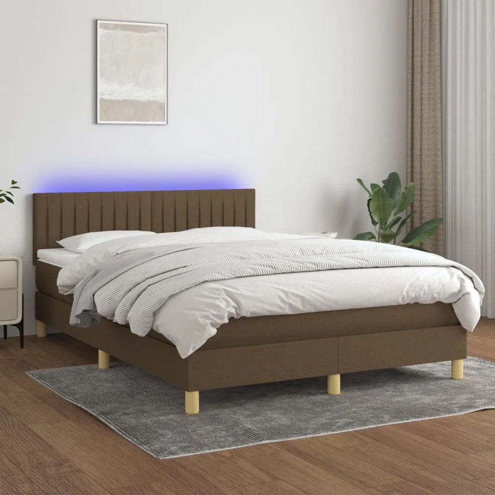 vidaXL Κρεβάτι Boxspring με Στρώμα & LED Σκ.Καφέ 140x200 εκ Υφασμάτινο