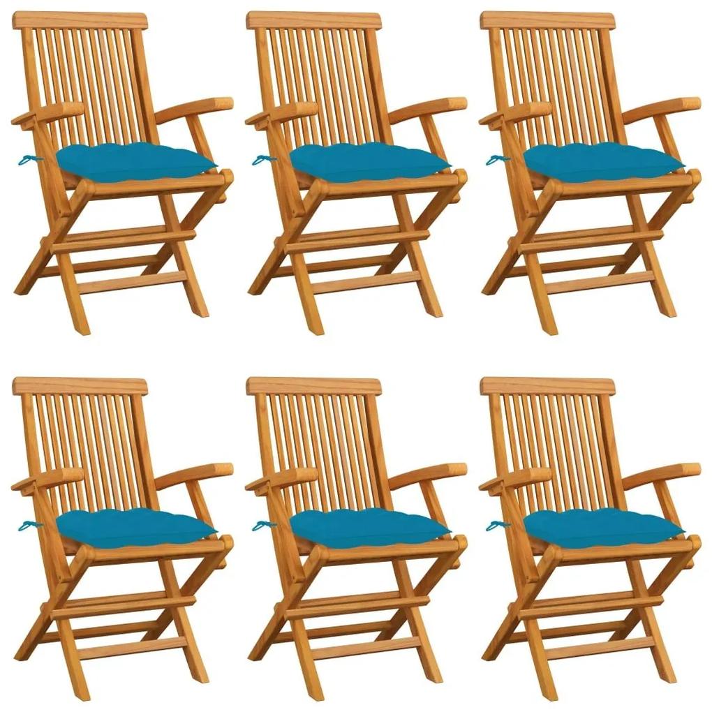 Καρέκλες Κήπου 6 τεμ. από Μασίφ Ξύλο Teak με Γαλάζια Μαξιλάρια - Μπλε