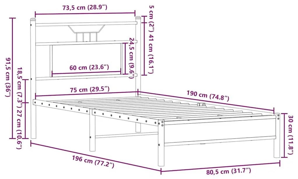 Πλαίσιο Κρεβατιού Χωρ. Στρώμα Sonoma Δρυς 75x190εκ Επεξ. Ξύλο - Καφέ