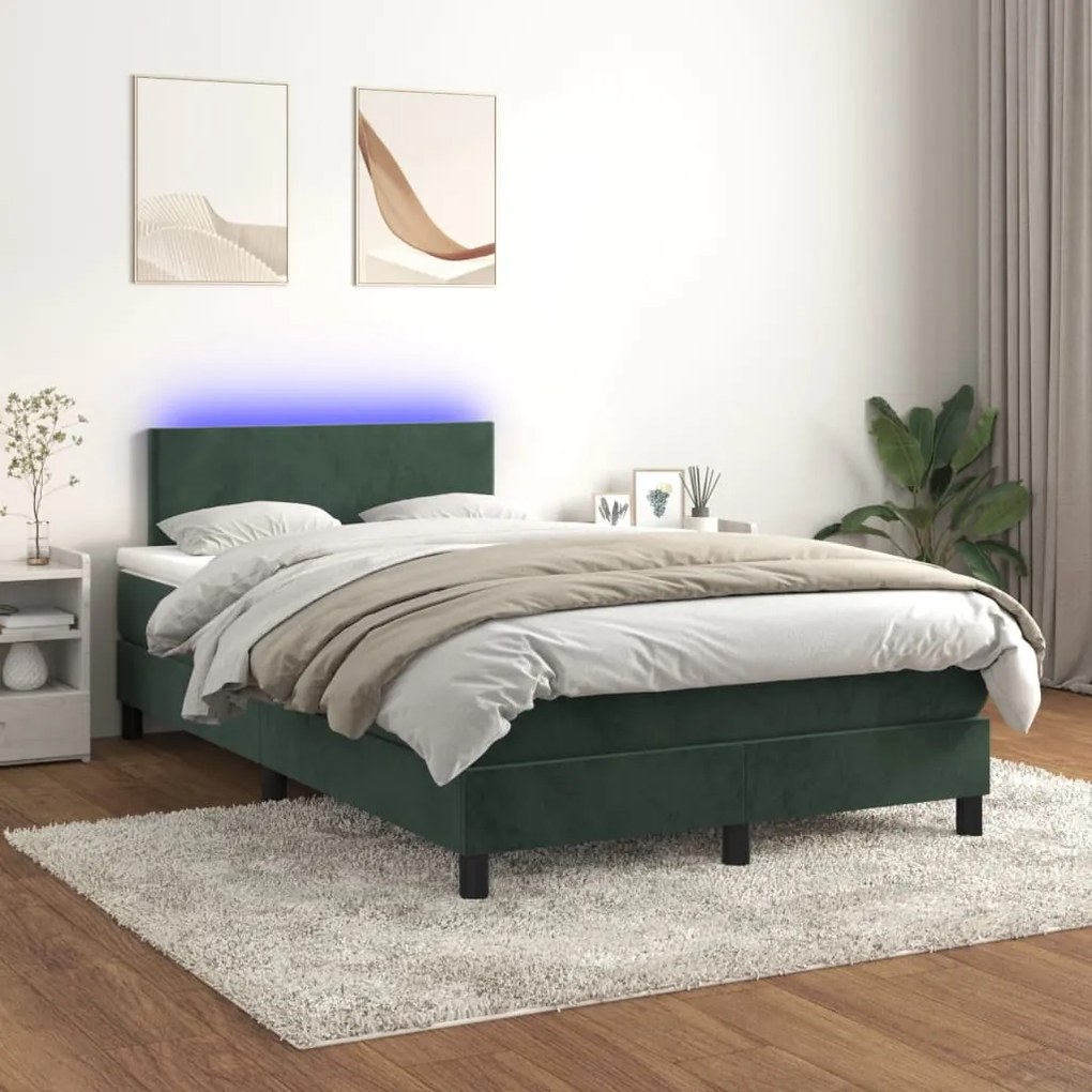 Κρεβάτι Boxspring με Στρώμα &amp; LED Σκ. Πράσινο 120x190εκ Βελούδο - Πράσινο