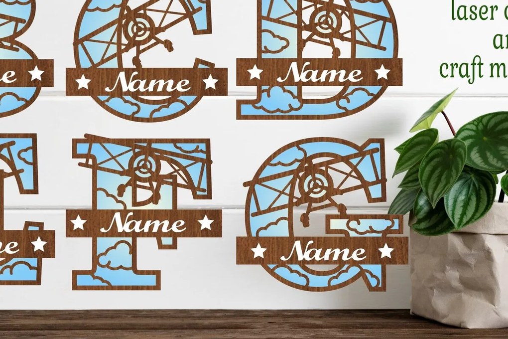 Σετ των 2 Intra απο ξύλο plywood 3mm-4mm πάχος γραμμάτων μονογράμματος αεροπλάνου Δίασταση 30x20 cm INTRAFABR-74229185