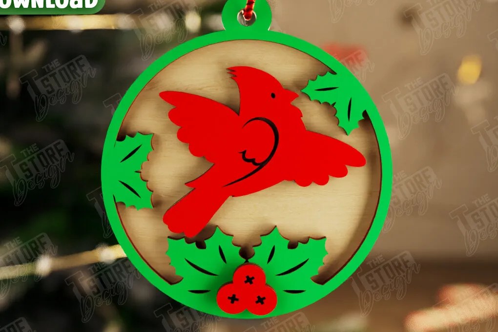 Σετ των 3 Intra απο ξύλο plywood 3mm-4mm πάχος Χριστουγεννιάτικο στολίδι Cardinal Memorial|CNC Δίασταση 8x8 cm INTRAFABR-107885919