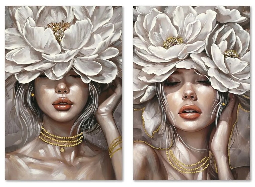 Καμβάς Home ESPRIT Λευκό Μπεζ Blomster Ρομαντικό 60 x 3 x 90 cm (x2)