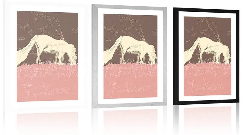 Αφίσα με πασπαρτού Άλογο σε ροζ λιβάδι - 40x60 silver