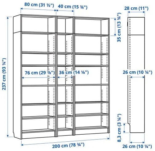 BILLY σύνθεση βιβλιοθήκης με μονάδες επεκτάσεις ύψους, 200x28x237 cm 594.835.34