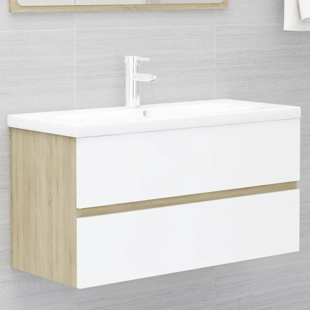 vidaXL Ντουλάπι Νιπτήρα Λευκό/Sonoma Δρυς 90x38,5x45 εκ. Μοριοσανίδα