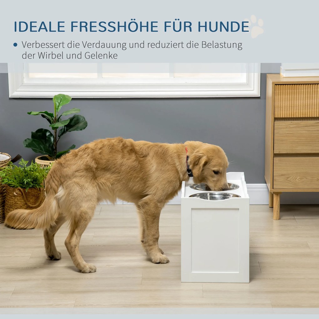 PawHut Σταθμός Τροφοδοσίας, Βάση Μπολ, 2 Μπολ Τροφοδοσίας 2 λίτρων το καθένα, Ανοξείδωτο Ατσάλι, για Μεγάλους Σκύλους, Λευκό, 63 x 30 x 24cm