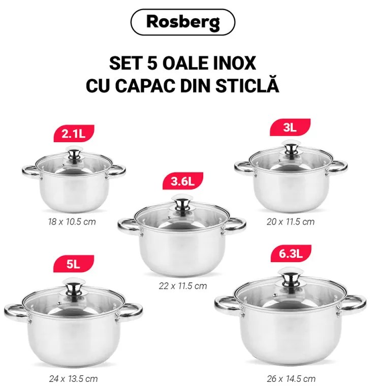 Σετ κατσαρόλες Rosberg R51210O10, 10 τεμάχια, 2.1-6.3 l, Ανοξείδωτο ατσάλι, Inox
