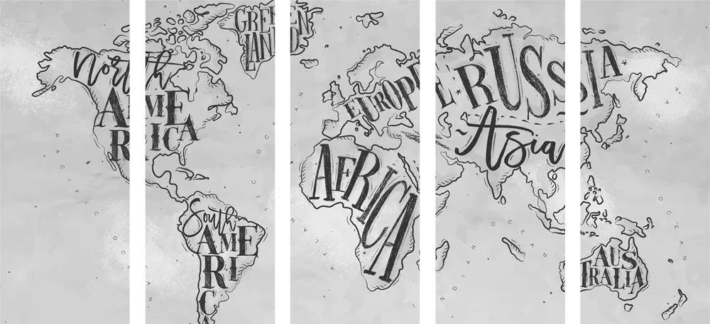 Εικόνα 5 τμημάτων σύγχρονος παγκόσμιος χάρτης σε vintage φόντο σε ασπρόμαυρο σχέδιο