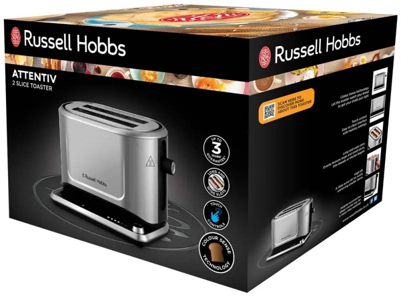 Τοστιέρα ψωμιού Russell Hobbs Attentiv 26210-56, 1640W, 2 φέτες, 6 στάδια, κεντράρισμα, έλεγχος αφής, LED, αποθήκευση, υψηλή ανύψωση, χωρίς BPA και PFAS, Inox/μαύρο