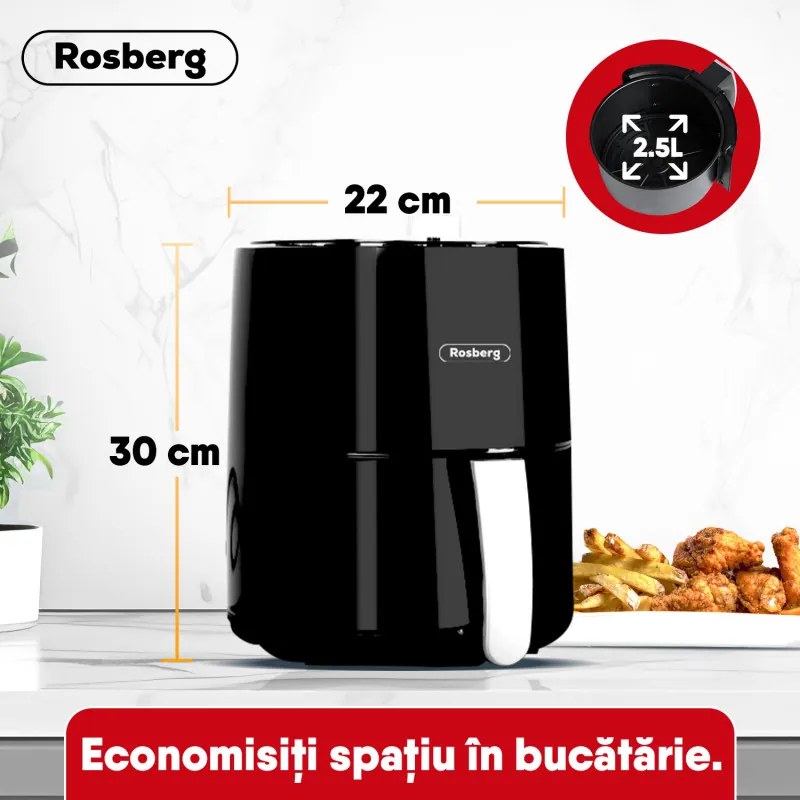 Φριτέζα AirFryer Rosberg R51980Y, 1200 W, 2,5 L, Hot Air, Timer, Έως 200C, Μαύρο