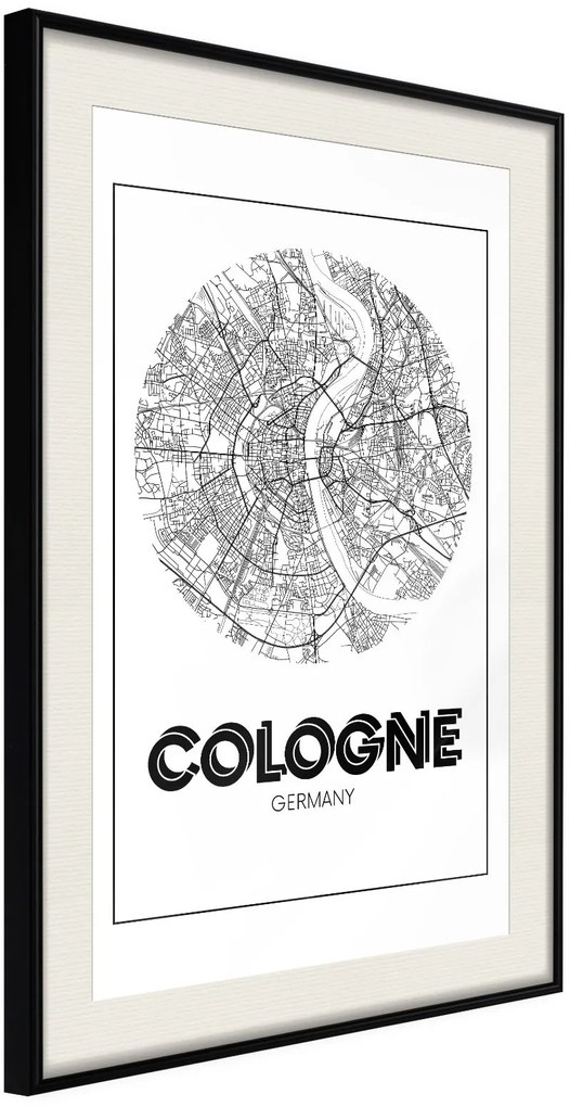 Αφίσα - City Map: Cologne (Round) - 20x30 - Μαύρο - Με πασπαρτού