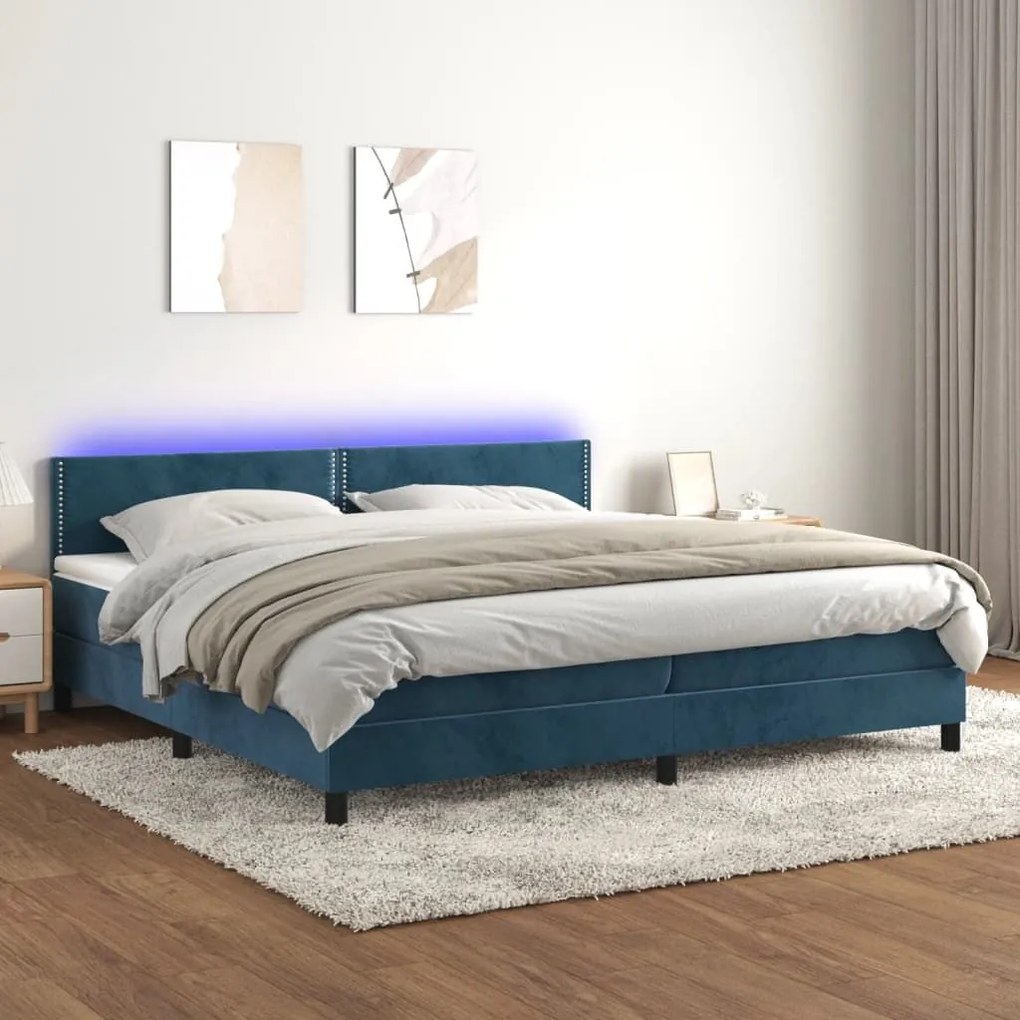 Κρεβάτι Boxspring με Στρώμα &amp; LED Σκ. Μπλε 200x200εκ. Βελούδινο - Μπλε