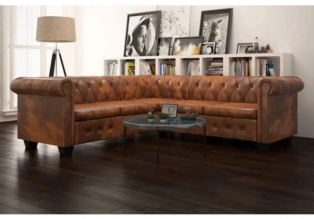 vidaXL Καναπές Γωνιακός Πενταθέσιος Chesterfield Καφέ Συνθετικό Δέρμα
