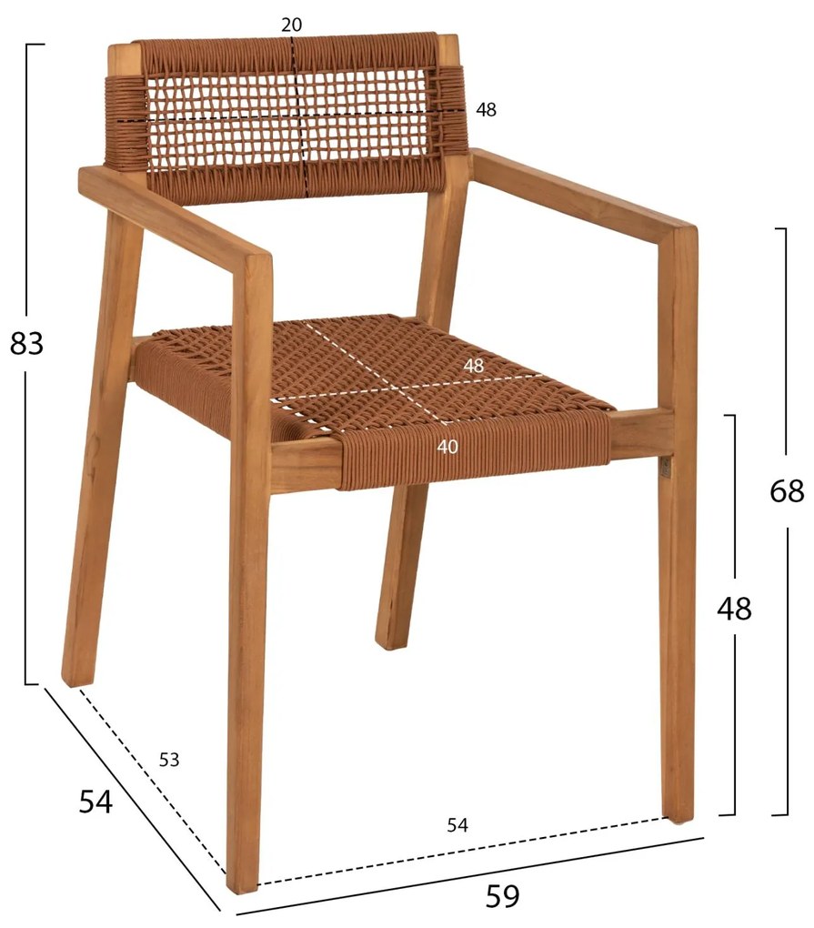 Πολυθρόνα CHARLOTTE Ξύλο Teak Φυσικό και Καφέ Σχοινί 59x54x83Y εκ. 59x54x83 εκ.