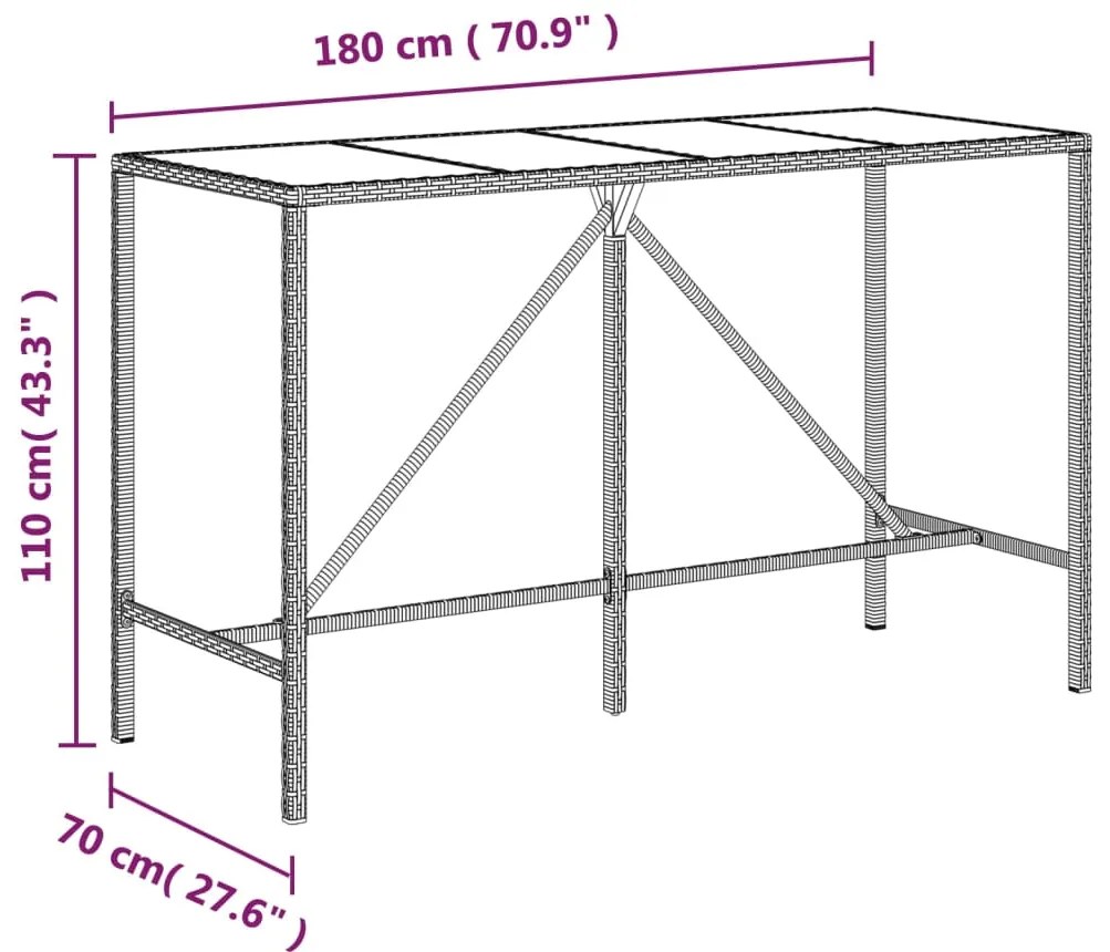 vidaXL Τραπέζι Μπαρ με Γυάλ. Επιφάνεια Μαύρο 180x70x110 εκ Συνθ. Ρατάν