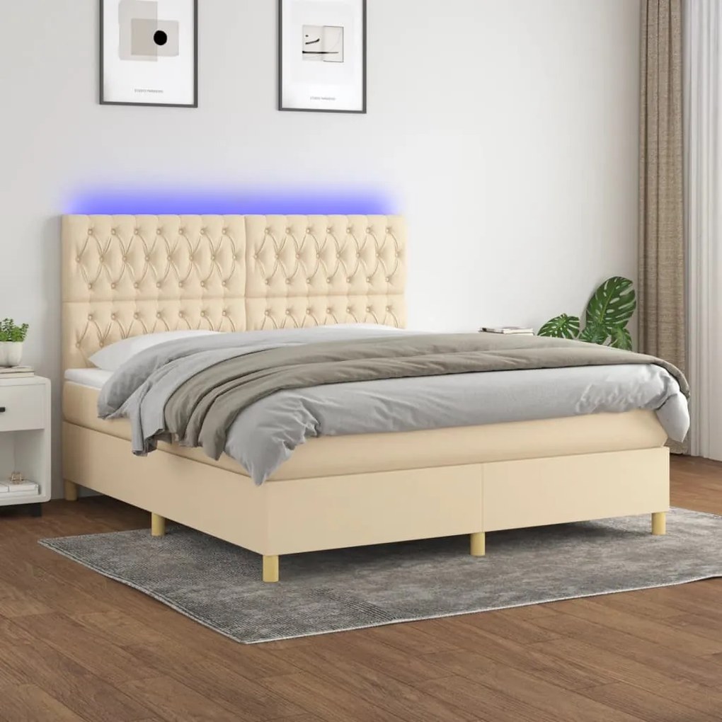 Κρεβάτι Boxspring με Στρώμα &amp; LED Κρεμ 160x200 εκ. Υφασμάτινο