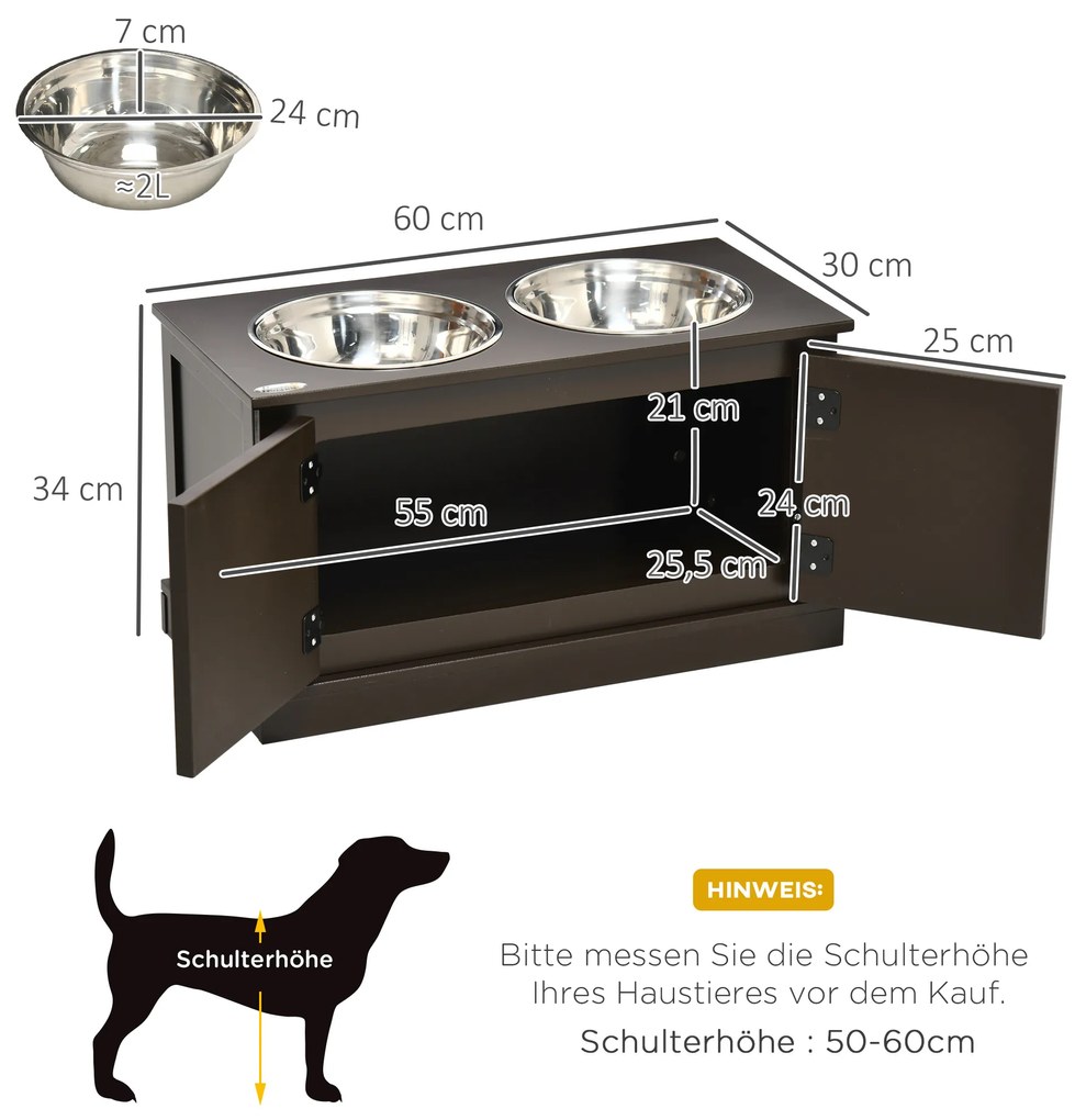 PawHut Σταθμός Τροφοδοσίας Υψωμένα Μπολ, Περιλαμβάνει Αποθηκευτικό Χώρο, 60 cm x 30 cm x 34 cm, Καφέ + Ασημί