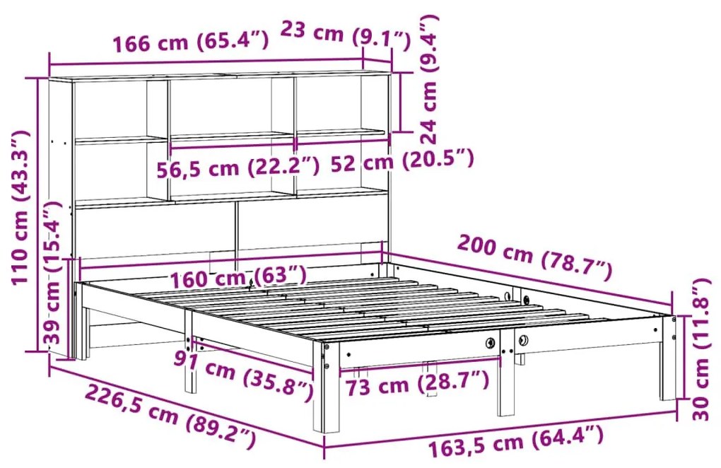 Κρεβάτι Βιβλιοθήκη Χωρίς Στρώμα 160x200 εκ Μασίφ Ξύλο Πεύκου - Καφέ