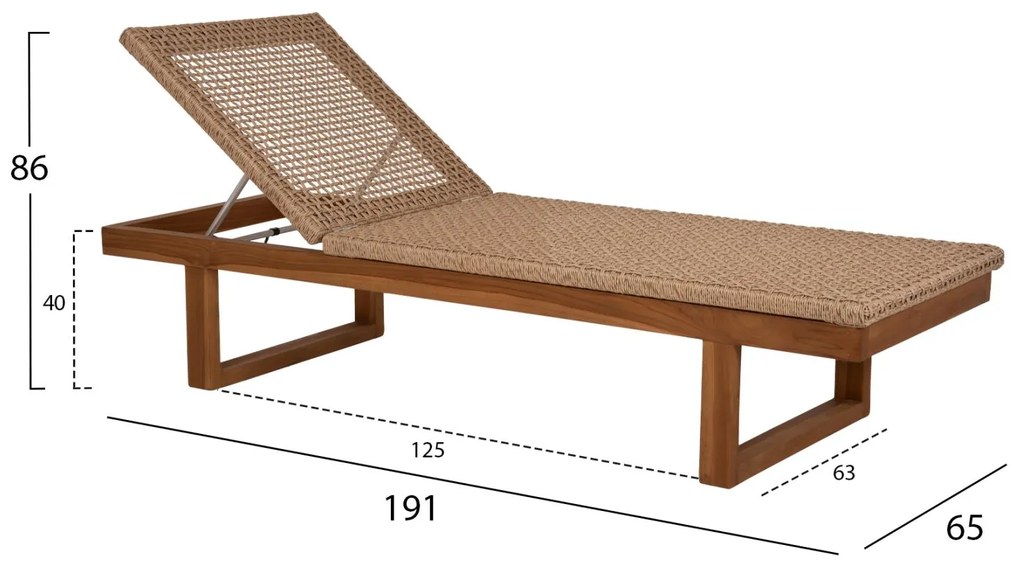 ΞΑΠΛΩΣΤΡΑ PATRON  TEAK ΞΥΛΟ ΚΑΙ ΣΧΟΙΝΙ VIRO ΣΕ ΠΛΕΞΗ WICKER 191x65x86Yεκ.