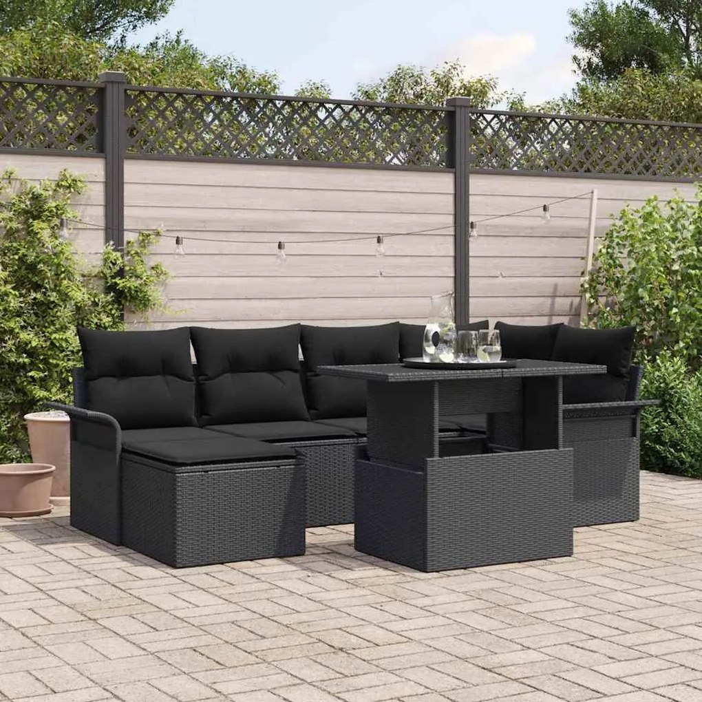 vidaXL Σετ Καναπέ Κήπου με μαξιλάρι 7 pcs Μαύρο Πολυ ράταν
