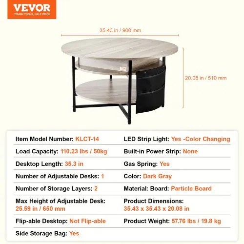VEVOR Lift Top Coffee Table 35.3&quot; Round Coffee Table for Living Room White