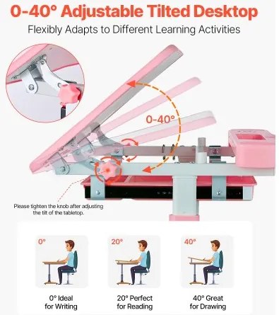 VEVOR Kids Chair and Desk Set Table Lamp Adjustable Height & Tilted Desktop Pink