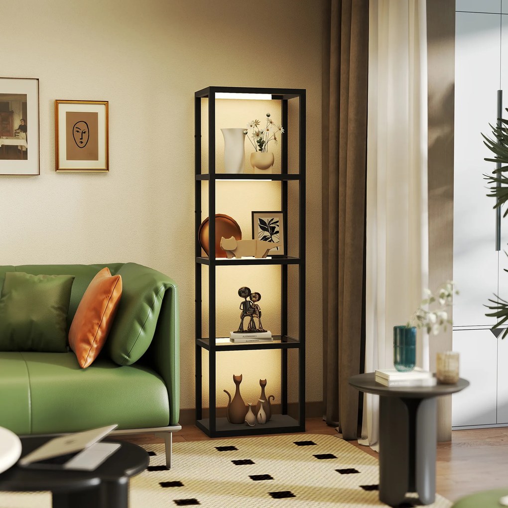 HOMCOM Φωτιστικό δαπέδου LED με ραφιέρα 4 επιπέδων, φωτιζόμενη ραφιέρα με 4 γυάλινα ράφια, διακόπτης ποδιού, MDF, μαύρο