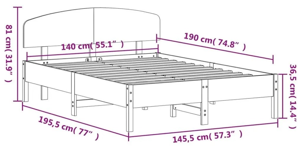 Πλαίσιο Κρεβατιού με Κεφαλάρι Λευκό 140 x 190 εκ. Μασίφ Πεύκο - Λευκό